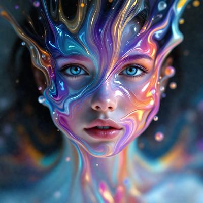 The primary subject of the image is a woman with a vibrant and colorful appearance. She has a mix of blue, purple, and pink colors on her face, giving her a unique and eye-catching look. The setting is a dark background, which contrasts with the woman's bright colors. The visual style of the image is a combination of digital art and illustration, creating a surreal and artistic atmosphere. The overall mood of the image is one of creativity and individuality, as the woman